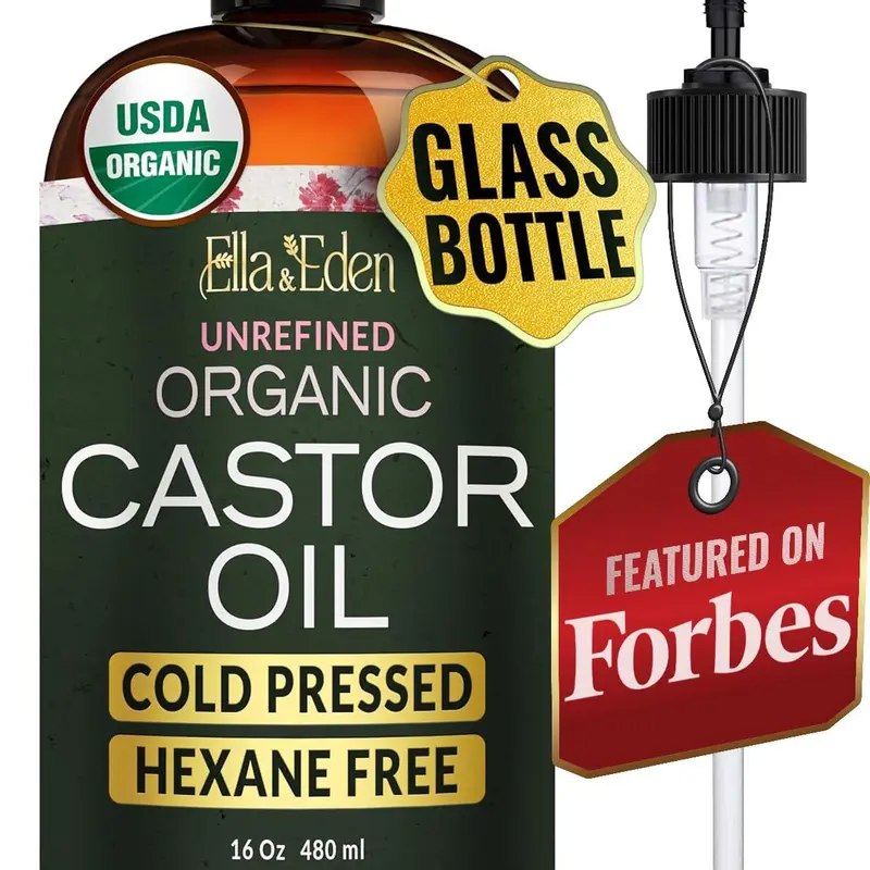 USDA Organic Castor Oil - Cold-Pressed, Hexane-Free, 100% Pure for Hair, Eyelashes, Skin & Body - Ella & Eden Glass Bottle 16 Oz & 32 Oz