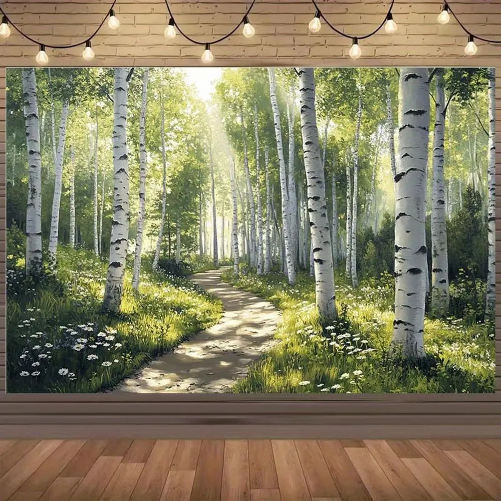 1pc Decorative 2D Flat Birch Forest Print Mural - Large Polyester Decorative Wall Sticker, Self-Adhesive Peel-and-Stick Texture, Sunlit Canopy, No Electricity, Easy Installation for Indoors/Outdoors