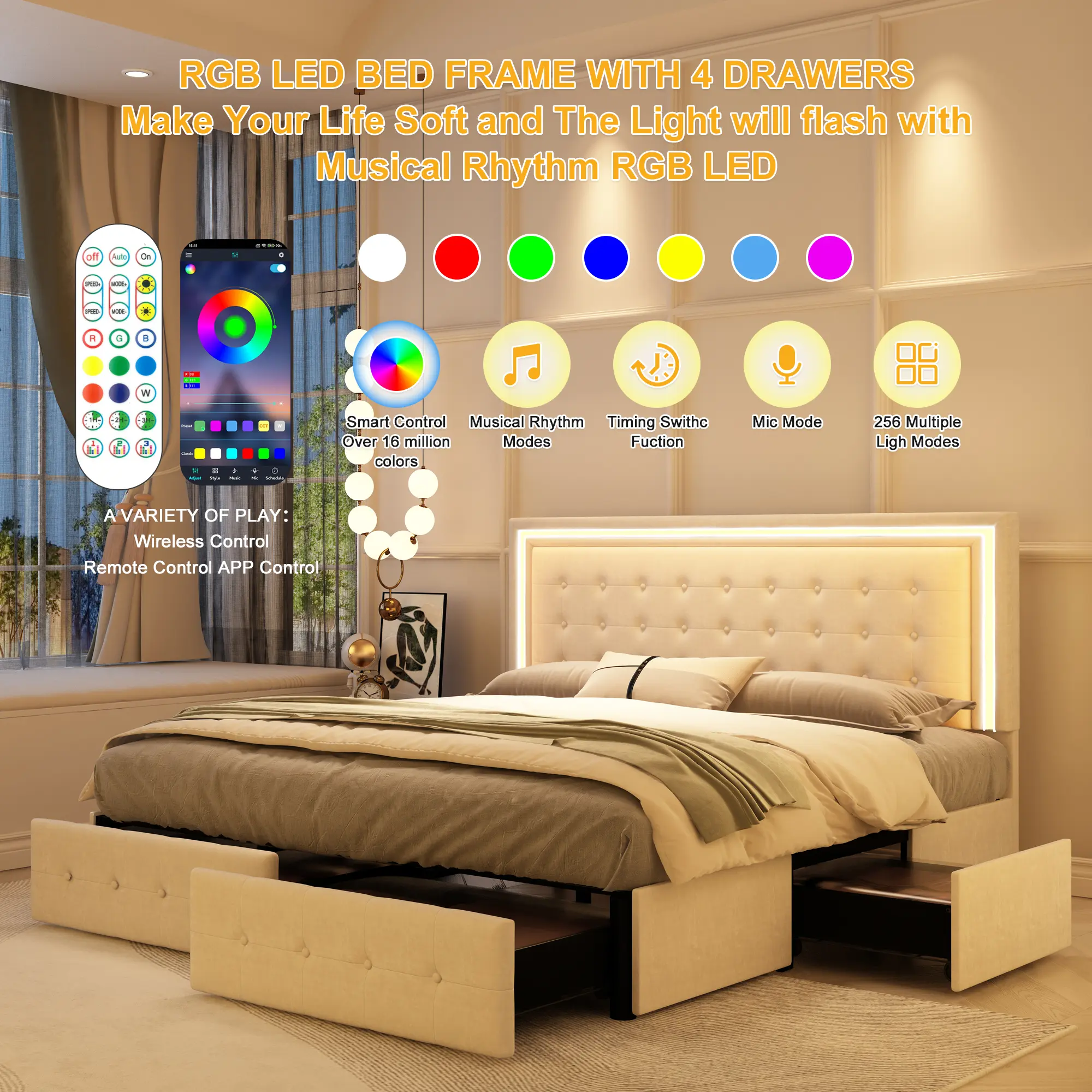 【DealsForYouDays】GEGOFORU Queen Smart LED Bed Frame with 4 Storage Drawers, Adjustable RGBW Headboard Lights, App & Remote Control, Quiet Upholstered Platform Bed, No Box Spring Needed, White#SummerVibes
