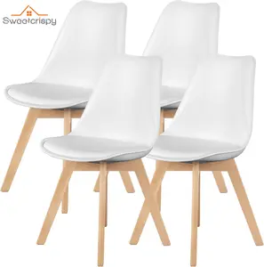 【Deal】SweetFurniture Dining Chairs Set of 4 Mid-Century Modern Dinning Chairs, Living Room Bedroom Outdoor Lounge Chair PU Leather Cushion and Wood Legs