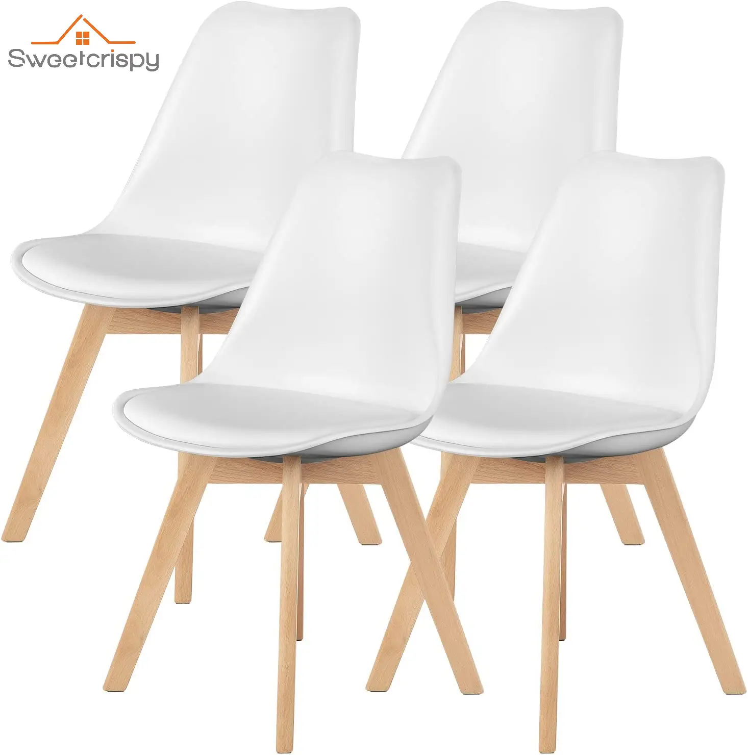 【Deal】SweetFurniture Dining Chairs Set of 4 Mid-Century Modern Dinning Chairs, Living Room Bedroom Outdoor Lounge Chair PU Leather Cushion and Wood Le