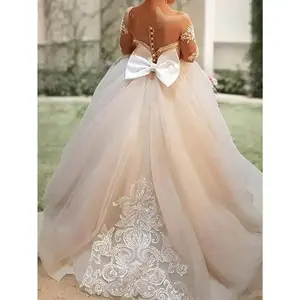 1pc Girls' 9/16 Sleeve Puff Sleeve Princess Dress with Big Bow, Elegant Long Tulle Wedding Dress for Youngsters, 12 & Under, A-Line Silhouette, Polyester, Dry Clean Only, Perfect for Performances & Special Occasions