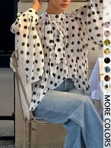 This Polka Dot Sheer Blouse is Timeless Retro Chic High Neck Tie Puff Sleeve Blouse