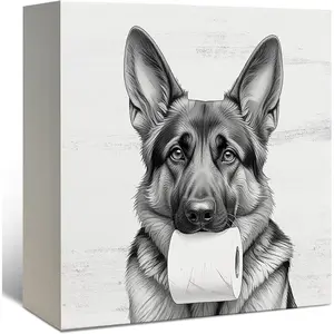Funny German Shepherd Wooden Box Sign, Dog Bathroom Decor, German Shepherd Gifts for Women Wood Signs for Bathroom Washroom Restroom Counter Shelf Wall Decoration 5x5 Inch