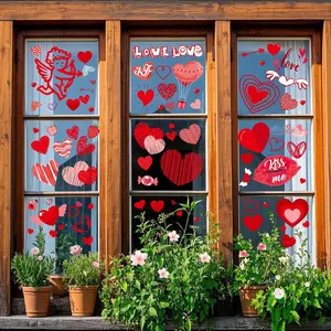 Valentine’s Day Window Clings Decorations, Red Heart & Cupid Static Stickers for Home, Office & Classroom Glass, 9 Sheets
