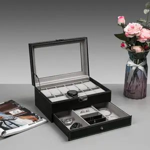 [fathersdaygift] #MemorialDaySale 12 Slot PU Leather Lockable Watch Storage Boxes, Men & Women Jewelry Display Drawer Case, 2-tier Organizer Watch Showcase with Glass Lid Jewellery