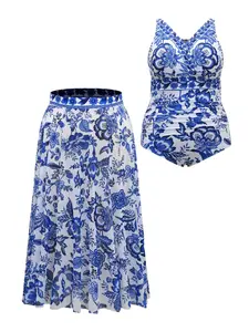 【Summer Turn-Up】【Tammy Control】【Cruise SunDress】Bloomchic Two-Piece Floral Print Ruched Mesh Swimsuit & Sarong Tankini Swimdress with Removable Cups 2026 Summer Pick for Mother's Day