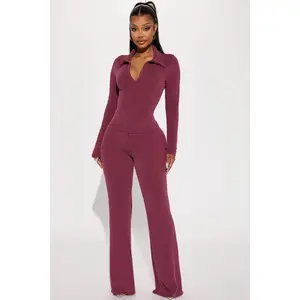Josie Ribbed Long Sleeve Set - Burgundy