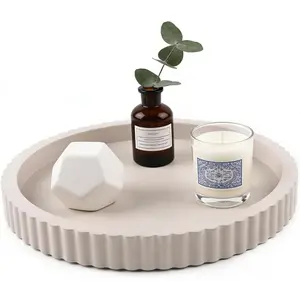 Modern Decorative Tray for Coffee Table, 11" Wooden Gray Beige Round Small Decor Tray for Candle, Perfume, , Kitchen  Counter & Table Centerpiece