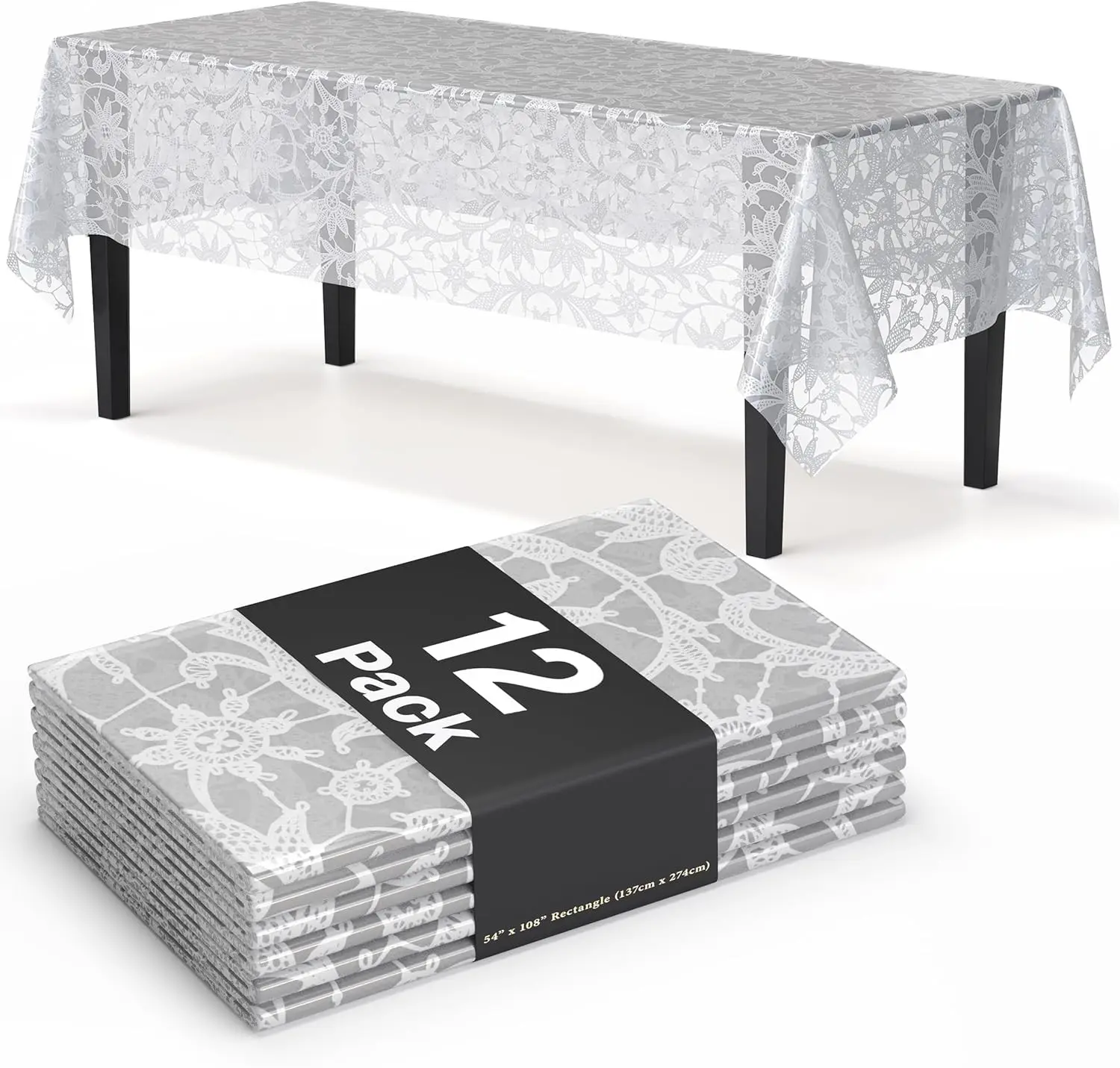12-Pack Disposable White Floral Lace Rectangle Tablecloth 54" X 108" For Wild Flower Party Decorations & Party Supplies