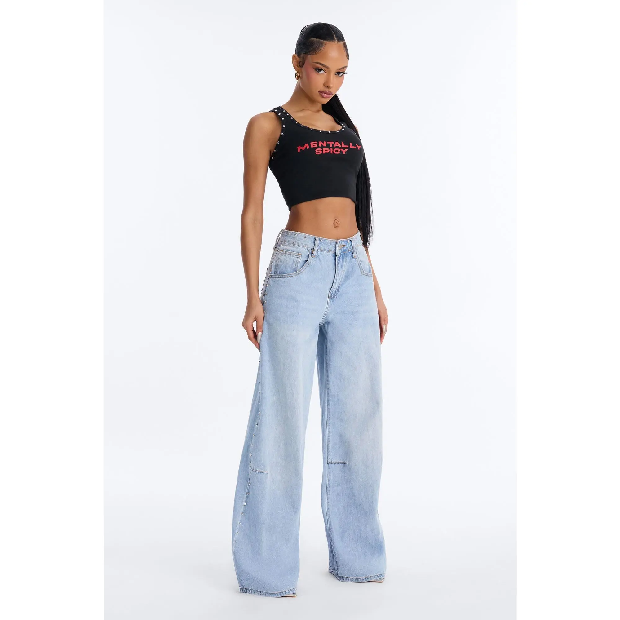 Studded Kiss Embellished Baggy Jeans - Light Wash