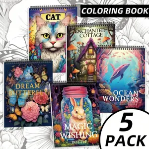 5-Pack Relaxation Coloring Book Set for Adults – Premium Stress Relief Designs Featuring Butterflies, Ocean World, Enchanted Cottage, Magic Jar, Magical Elements – Paperback with Clear Lines, Thick Pages for Easy Creative Fun – Ideal for Parties