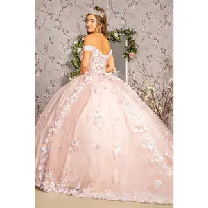 3-D Flower Applique Jewel Mesh Quinceanera Gown w/ Long Tail