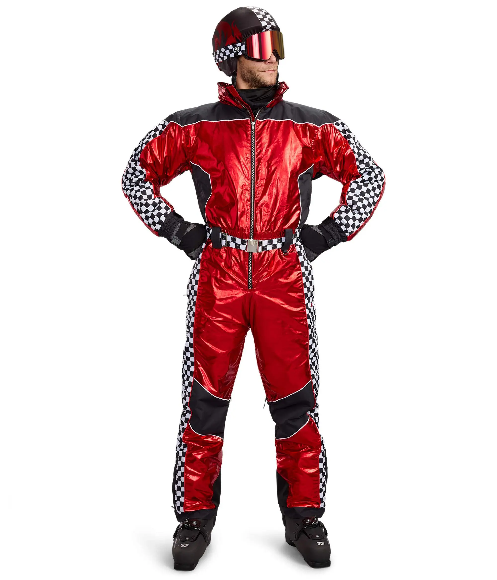 Men's Snow Suit with Helmet Cover, Menswear Clothes Featuring Checkered Fabric and Integrated Belt for Sports & Outdoor Activities, Metallic, Pants, Protective, Pockets, Snowboarding