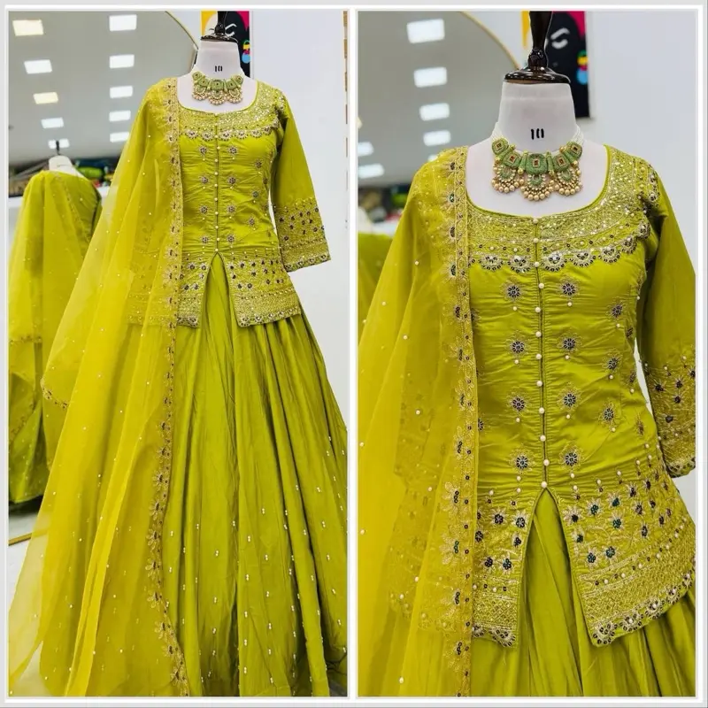 Lehenga 3 Piece Ready to Wear - Green Color with Intricate Embellishments and Matching Accessories