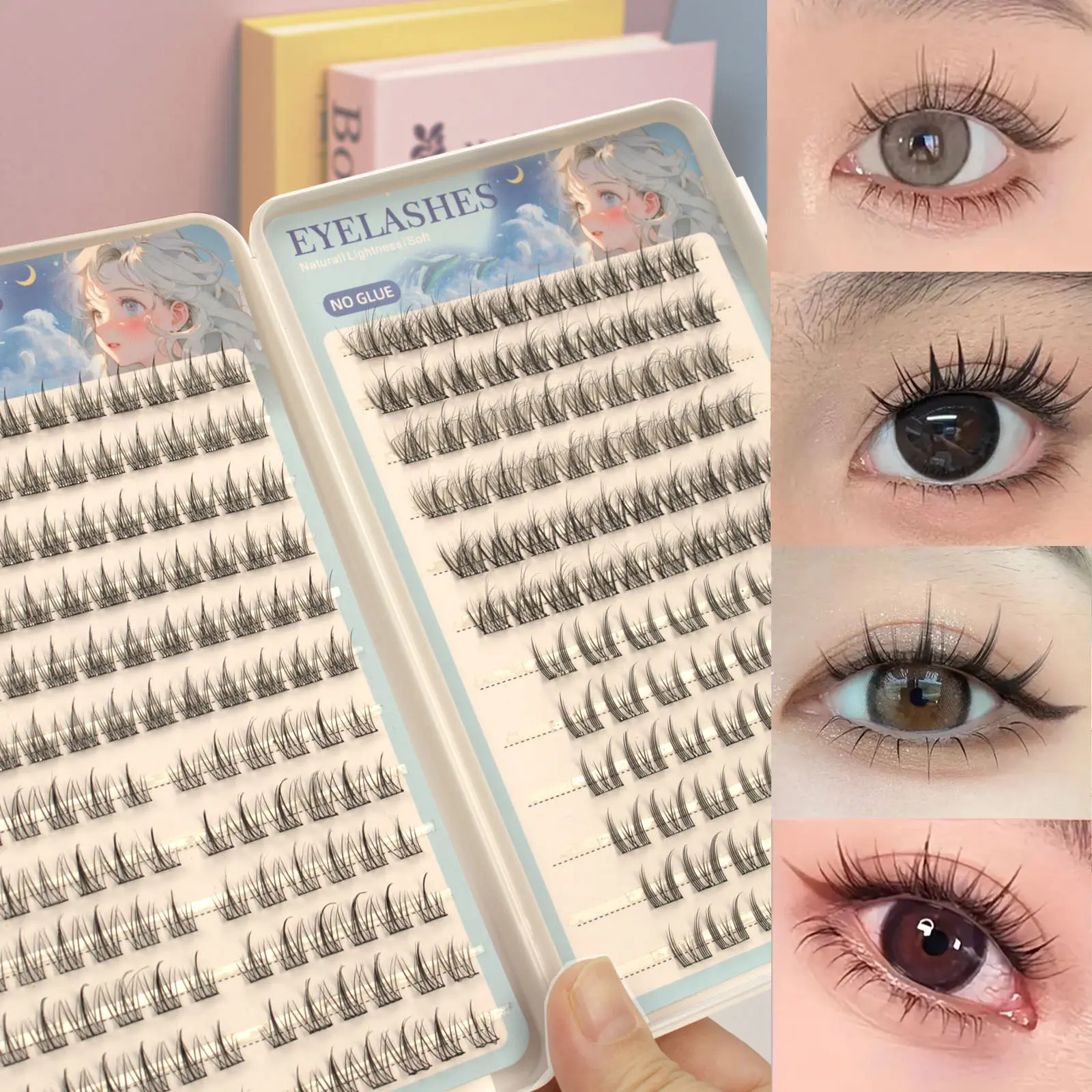 1 box of 4 natural self-adhesive false eyelashes - mixed length CC curly eyelashes, containing sunflower, trilogy, and camellia style cat eye false eyelashes, messy appearance, Glueless Lashes Clusters Eyelash Clusters Diy Lashes Clusters