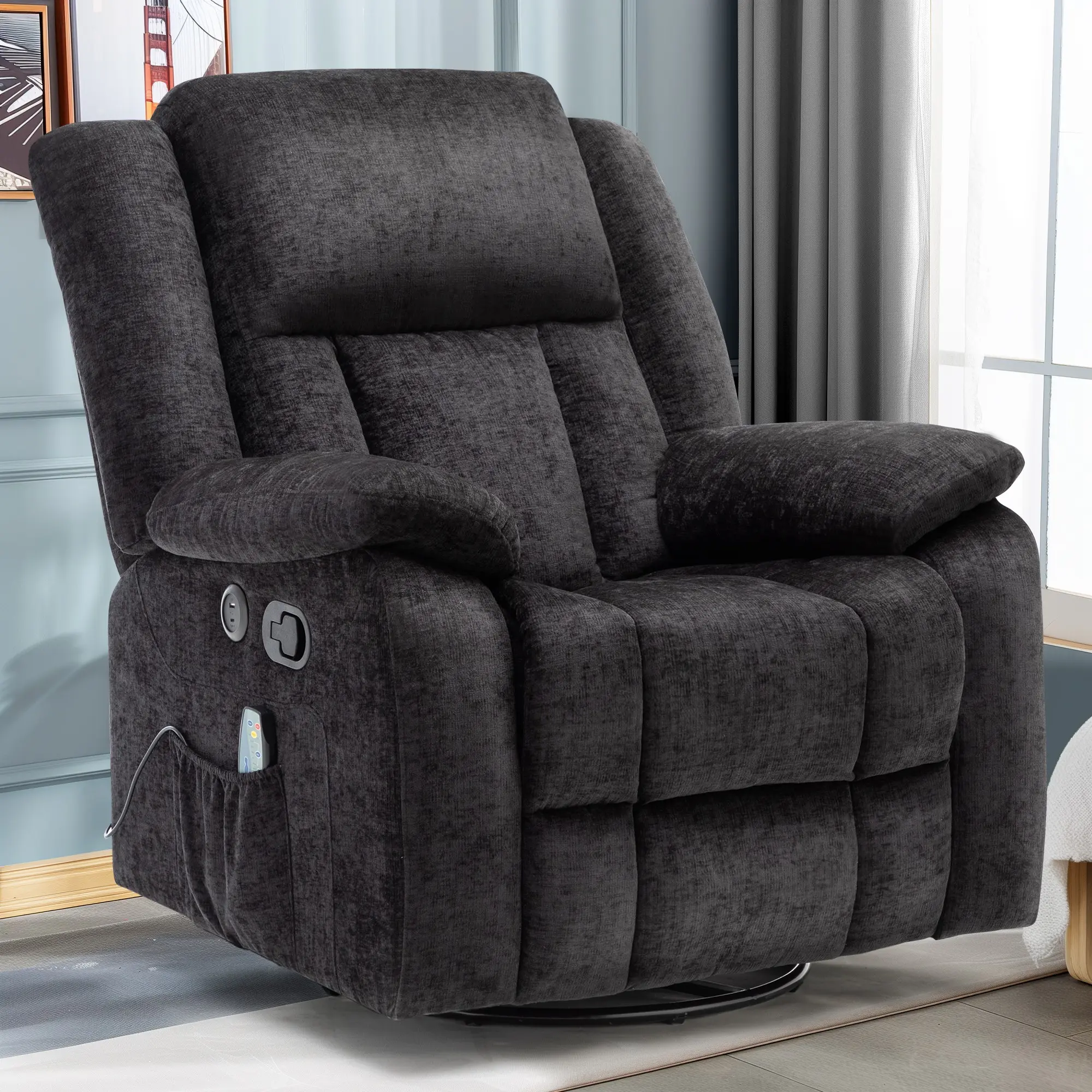 Korser Rocker Recliner Chair, 360° Swivel Living Room Furniture with 8-Point Massage, Heating, USB Port, Side Pockets, Chenille Fabric, Adjustable Backrest, Footrest, Cushioned Heavy-Duty Modern Design, Adjustable Back Rest Living Room Furniture