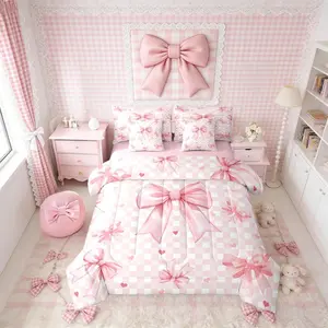 Feelyou 7-Piece Ultra Soft Microfiber Bedding Set - Kid Bedding, Queen Comforter Set, Kawaii Bow & Checkered Floral Print Blanket, Princess Pink Comforter, Sheets, Storage Bag, Multi-Size for Girls, Bedroom & Girly Bedroom Decor