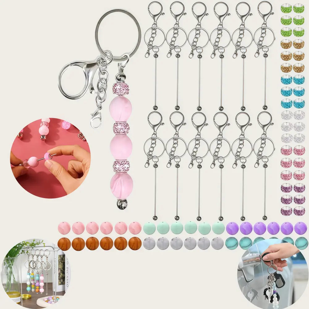 84-Piece Silver Beadable Keychain Strip Set with Metal Bars & Beads, Customizable DIY Pendant, Premium Mini Fashion Accessory, Handmade Gift for Ceremony, Anniversary, Birthday, Casual Use
