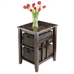 212 MAIN Zoey Side Table - Faux Marble Top (Marble Look), Dark Finish, Solid Wood Frame, 2 Deep Storage Baskets, Stylish Commercial Office Furniture