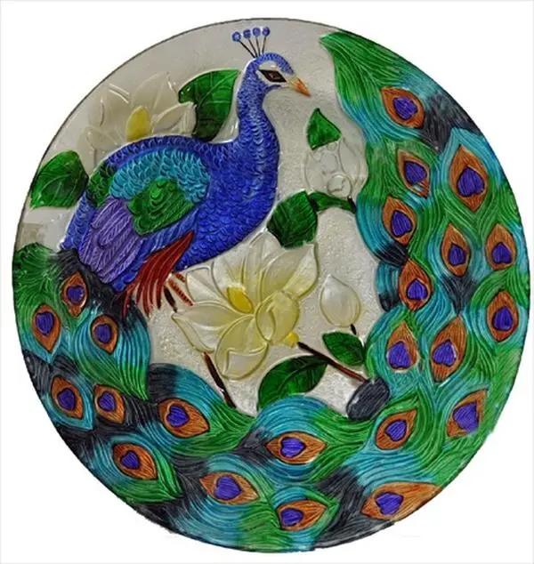 212 MAIN 18x18x3.5in Thick Heat-Treated Heat-Resistant Peacock Glass Plate, Hand-Enhanced Artistic Look, Artful Home Decoration, Indoor-Outdoor Bird Grooming Supply
