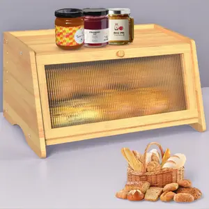 Bamboo Bread Box WP-011 Modern Airtight Storage Bin for Kitchen Counters Single Layer Bread Container with Frosted Acrylic Door Durable Bamboo Material 15.74 in Length 5 lb Weight Utensils Wood Wooden