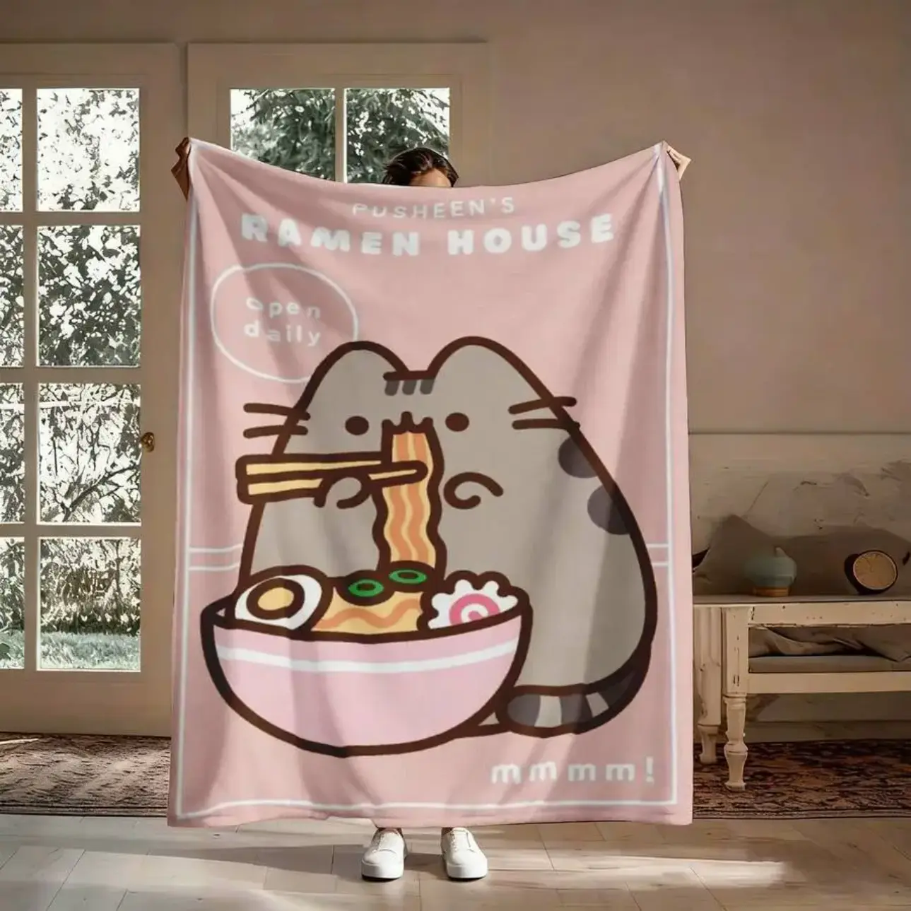 Pusheen Ramen Cat Throw Blanket, Cute Kawaii Cartoon Kitty Noodle Bowl Soft Cozy Plush Bed Blanket, Lightweight Warm Blankets for Kids Bedroom Decor, Couch Sofa Living Room, Birthday Gifts for Girls and Cat Fans