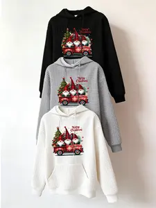 Festive Christmas Gnome Print Polyester Hoodie - Women's Winter Casual Long Sleeve Waffle Knit Sweatshirt with Hood