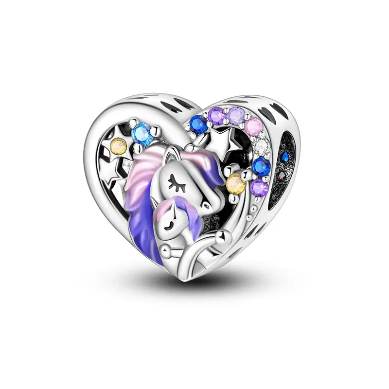 MULA S925 Silver-Plated Unicorn Heart Pendant for Girls, Colorful Enamel Fantasy Animal Charm, Collectibles Jewelry Compatible with Bracelets & Necklaces, Heart Shaped Pendant, Animals