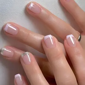 CurvLife Sparkle French Press-On Nails – 30PCS Short Square, Nude Base with Silver Glitter French Tips | Simple yet Luxurious | Easy to Apply, Comfortable & Long-Lasting | Ideal for Work, Weddings & Daily Wear