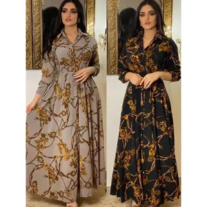 Women’s Muslim abaya dress for Ramadan, shirt-style, autumn print, elegant kaftan from Turkey/India/Morocco, Arab style, 2025