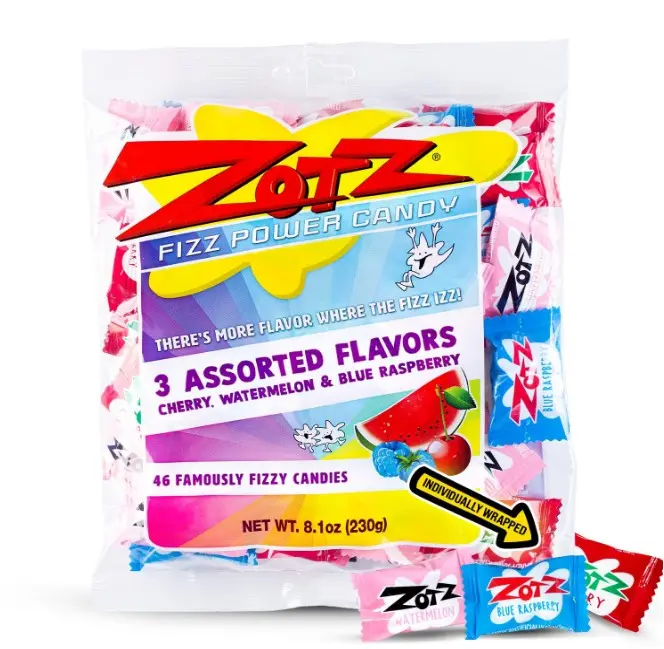 ZOTZ Fizzy Sour Candy Bulk - Retro Italian Hard Candy Individually Wrapped - Classic Nostalgic 3 Assorted Flavors Cherry, Watermelon & Blue Raspberry, 46 pieces Bag for Party Favors, Goodie Bags, Piñata & Candy Buffet