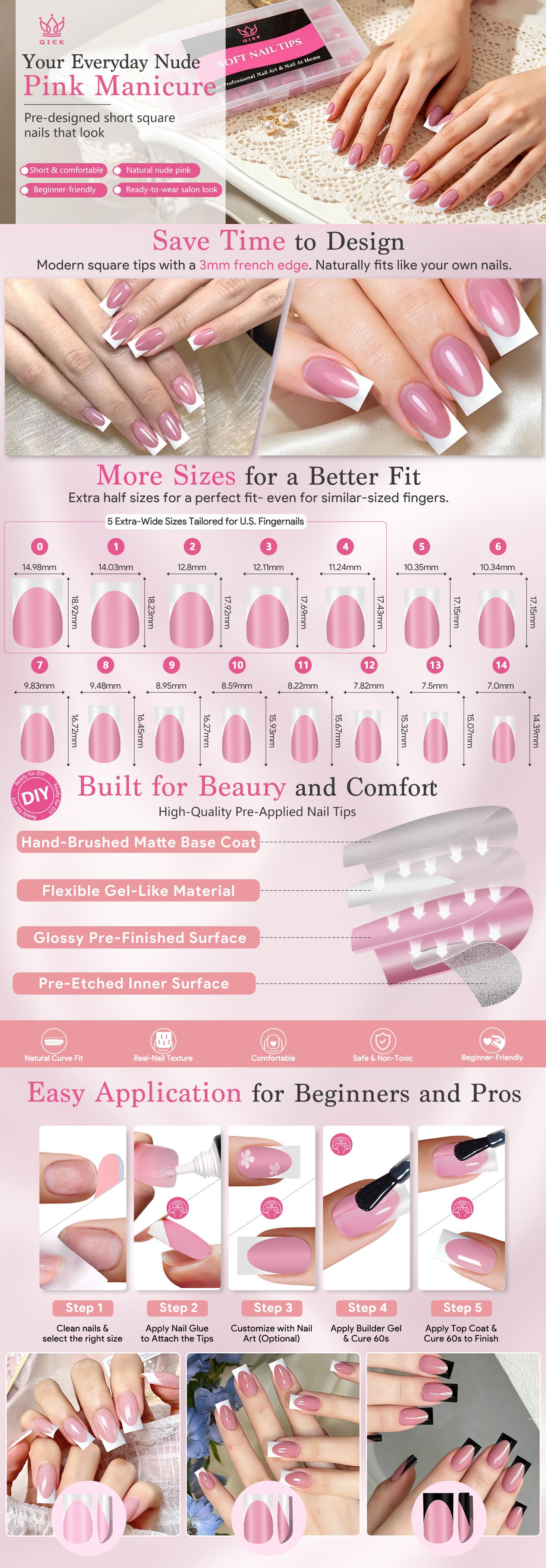 Qiek French Tips Press On Nails - 150Pcs Pink Short Square Soft Gel Nail Tips Pre-Designed, 15 Sizes Fake Nails for Nail Art DIY, False Nails Salon Quality Manicure at Home Gifts For Women