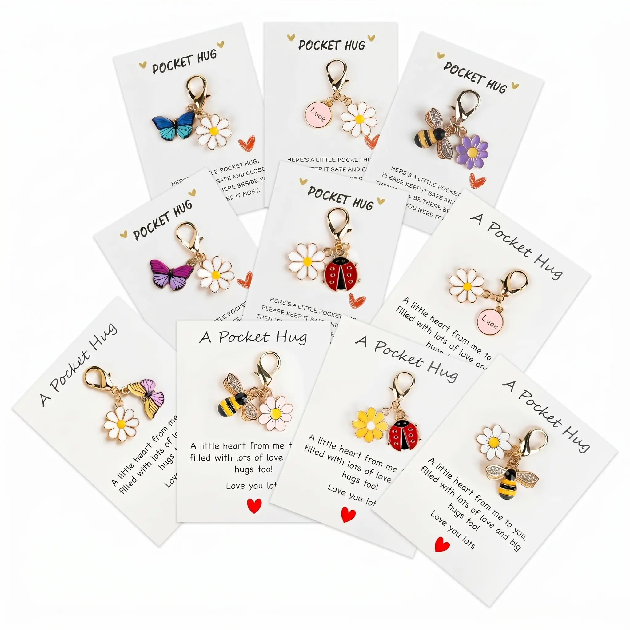 Set of 10 Pocket Hug Favors, Employee Appreciation Gifts Bulk, Graduation Gift, FathersDayGift  Thank You Staff Gift with Exquisite keyring Pun NoteCards Quality Resin Butterfly Ladybird Flower Bee, halloween gift card, christmas gift