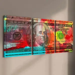 3-count wooden frame canvas, colorful three-piece decorative poster of US dollars, money pattern decoration, suitable for corridor, living room, office and home wall decoration, ideal gift, Decorative Artwork, Modern Home Decor