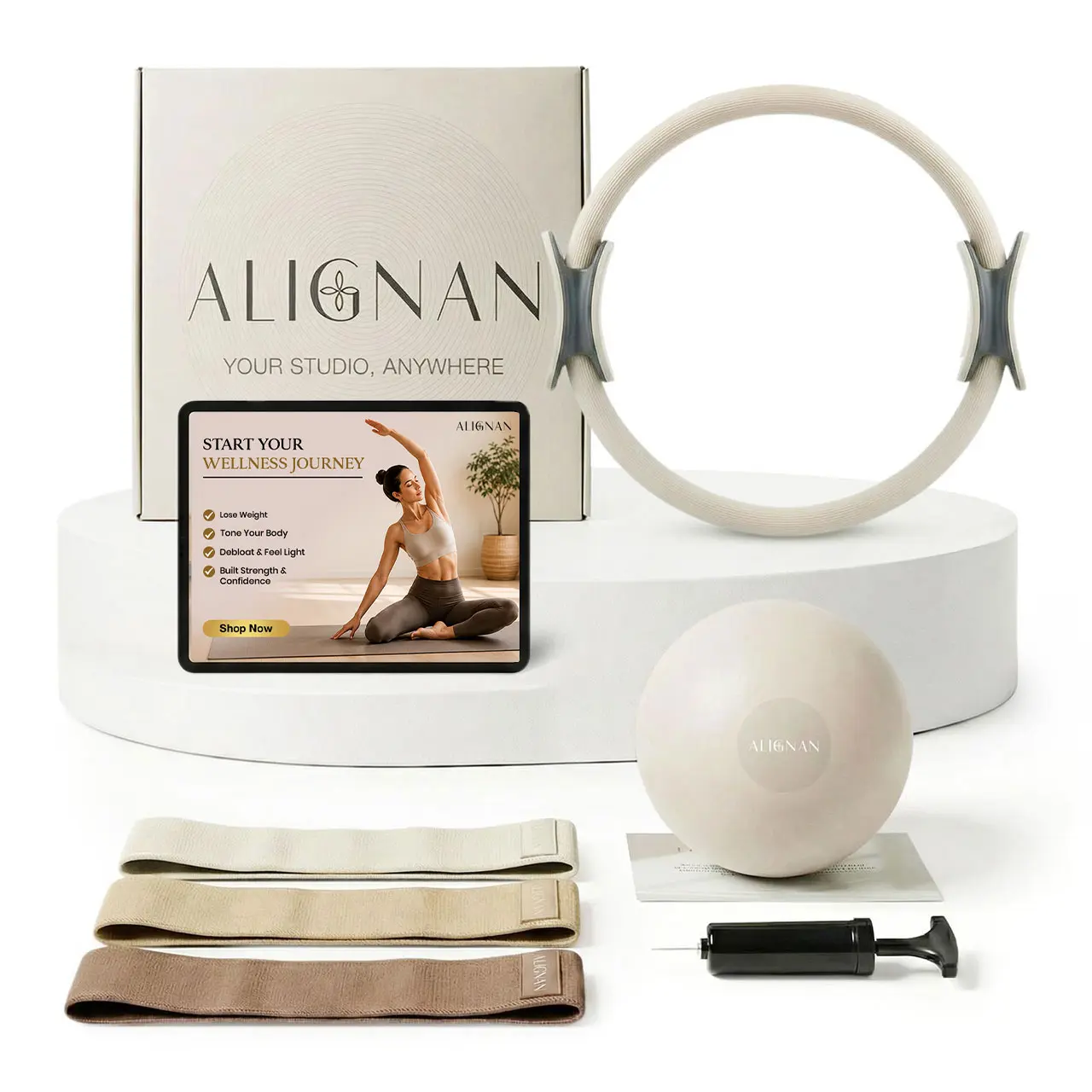 ALIGNAN Pilates Kit for Home Workouts With 14” Pilates Ring Pilates 8” Mini Ball With and 3 Booty Bands Set, Pilates Essentials Kit for Women With Guided Workout Video, Home Pilates Equipment, Beige