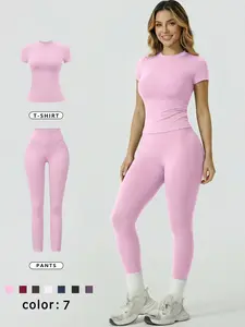 Two Piece Set Women New Crew Neck Short Sleeve Long Pants Sports Suit Solid Color Versatile Soft Comfortable Moisture Wicking High Elastic Waist Tummy Control Hip Lifting Yoga Set Gym Running Outfit Tight Breathable Sports Pants Workout Sets