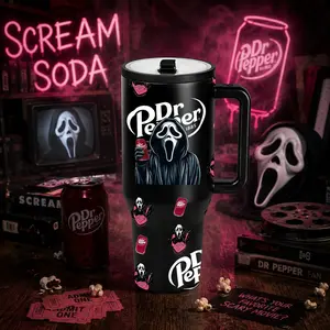 1 Pc 40oz Insulated Tumbler Mug, Leak-Proof, Double Wall, Scream Soda Horror Design, Ghost Face Mask Print, Black Spooky Movie Style, Popular Soda Can Pattern, Hot Cold Drinks, 12 Hours Hot, 24 Hours Cold, Halloween Gift, Horror Fan Gift