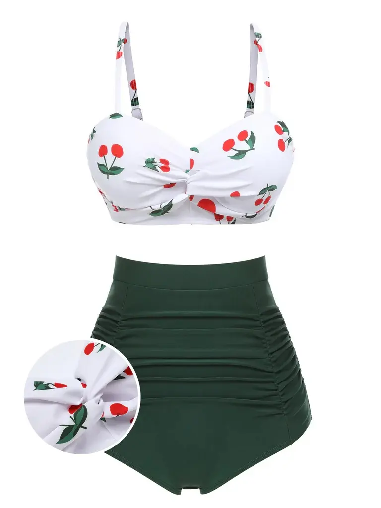 RETRO STAGE Women's Bathing Suit, Retro 1950s High Waisted Cherry Print 2-Piece Bikini Sets with Padded Cups and High Stretch Polyester Blend, Bathing Suit Women, Retro Look tiktokshopbacktoschool