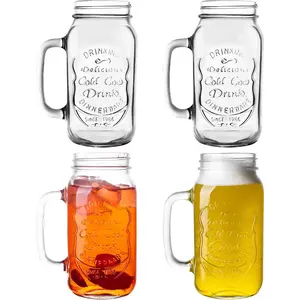 4-Pack 24 oz Mason Jar Drinking Glasses with Comfortable Handle, Dishwasher-Safe, Tin Ice Set for Party Beverages, Home Kitchen Drinkware