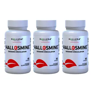 Hallusa Natural Hallosmine x 180 Cap - Circulation & Leg Swelling - Diosmin 300 mg - Blood Flow & Varicose Vein - Dietary Supplement - 3 Bottles of 60 Capsules Each - Fitness