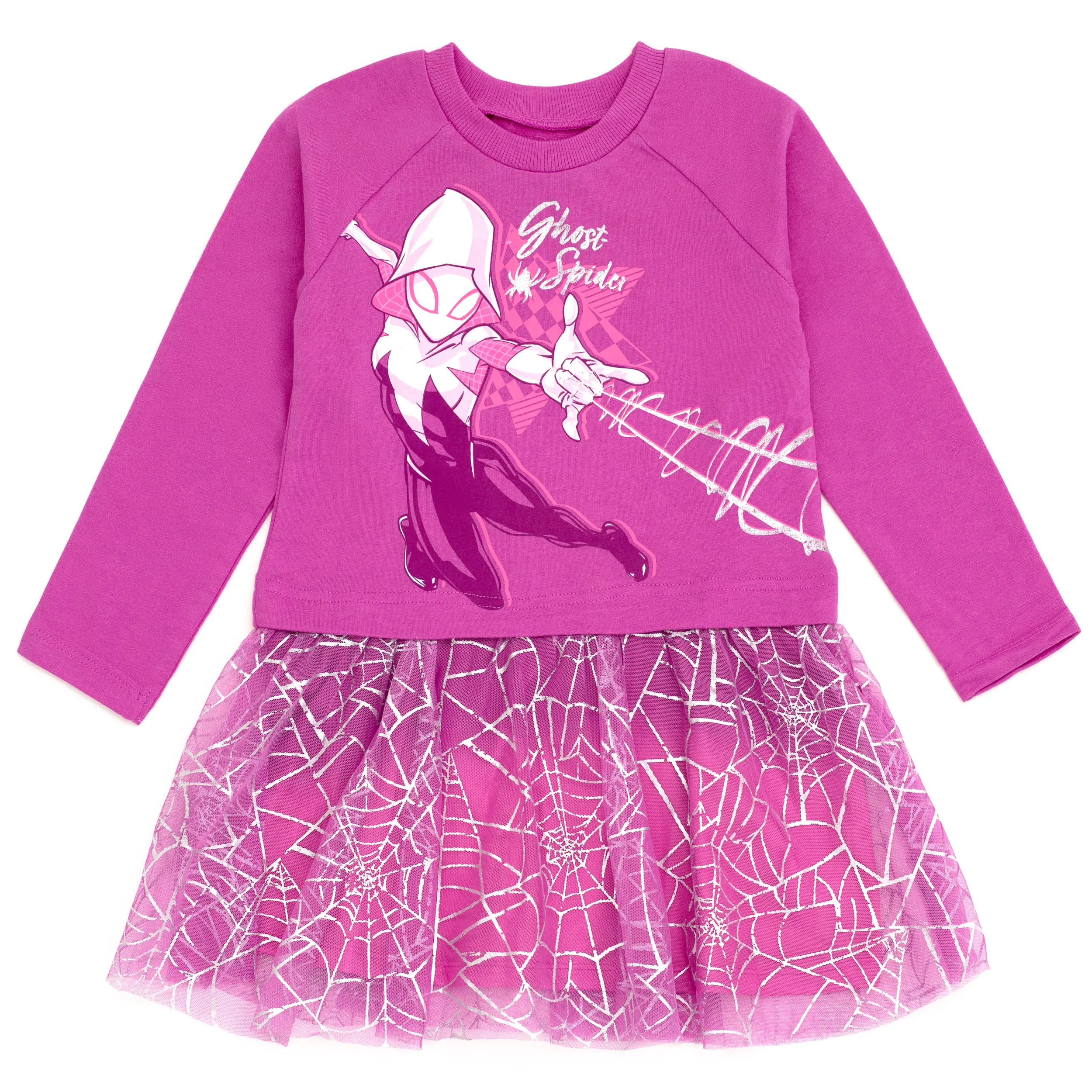 Marvel Spider-Verse Ghost-Spider Girls' Magenta Foil Graphic Raglan Neck Long Sleeve Shirt, French Terry Casual Wear Tutu Outfit with Magical Look (Toddler to Big Kid)