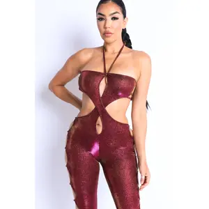 Glittery Cutout Halter Neck Keyhole Sexy Party Jumpsuit FUCHSIA/GOLD Polyester Spandex