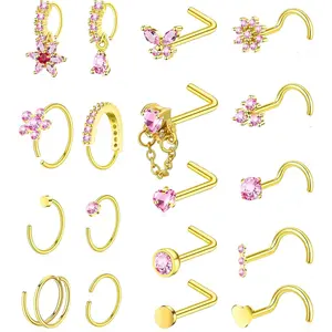 Plated  Nose Rings for Women Men Stainless Steel  Nose   20G L Shaped Corkscrew Nose Rings Hoops Heart Butterfly Flower CZ Nose Studs