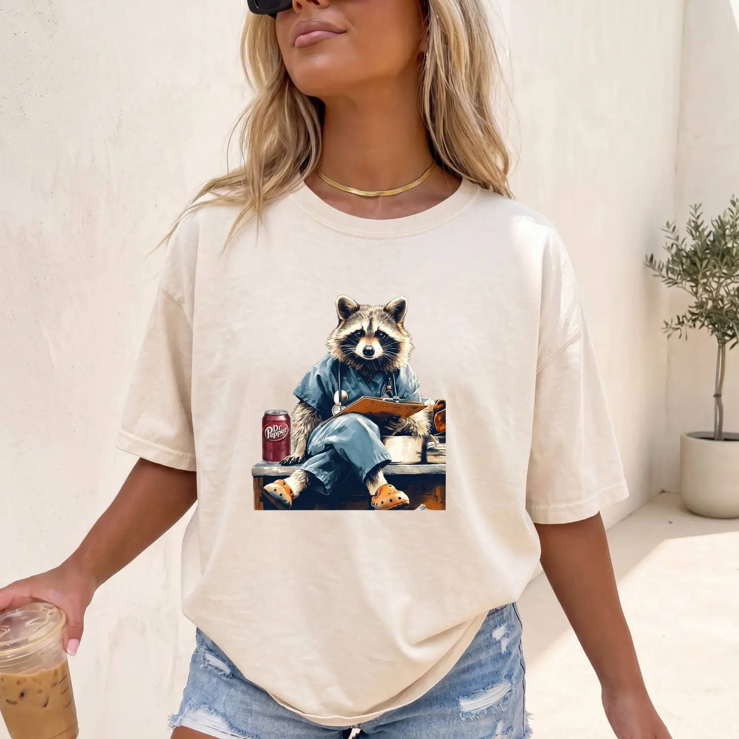 Women's Cotton Comfortable Oversized Round Neck Short-Sleeve Tops - Funny Nurse Raccoon Graphic Tee, Cute Dr Pepper Drinking Vintage Animal Clothes