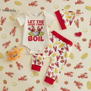 Baby Boys 3 PCS Summer Outfit Short Sleeve Crew Neck Letter Print Romper Lobster Corn Print Pants Hat Sets