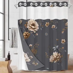 1pc hookless shower curtain with buckle lining, Shower Curtain Liner, spring gray background with beige floral design, 2D flat printing, waterproof lining, see-through double-layer, 71 x 74 inches, modern home curtain, Bathroom Curtain