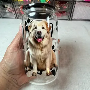 Great Pyrenees Glass Can with Coordinating Top Featuring Adorable Dog Design and Paw Prints for Pet Lovers