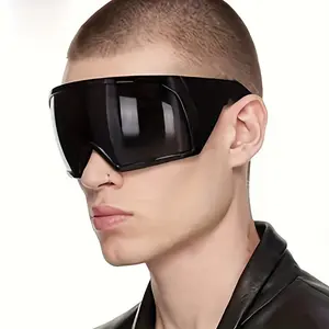 Avant-Garde Men Sunglasses — Wraparound Shield with Blue Mirror Coating, Anti-Slip Nose Pads & Hexagonal Frame, Techwear Rave Fashion Accessory