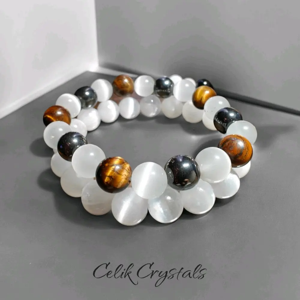 Selenite Charged Bangle Bracelet Set - 10mm Selenite, Tiger Eye & Hematite Beads, Spiritual Energy Style, Stretch Fit for Easy Wear, Spiritual Protection Trendy Jewelry Accessory